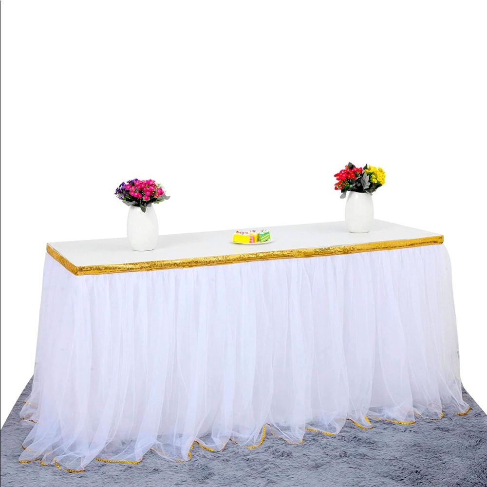 White tulle table skirt with glitter gold sequin lining